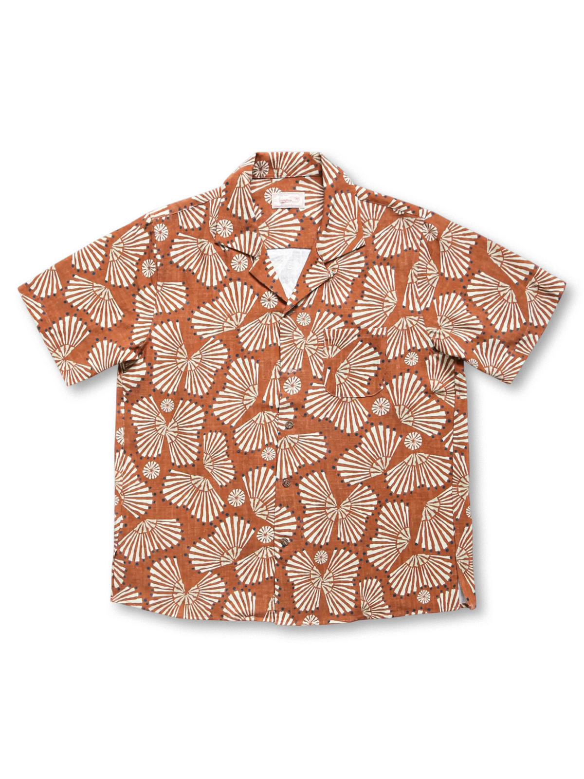 メンズリネン混紡 ハワイアン古巴襟シャツ 赤アバロン貝ボタン 夏リゾート