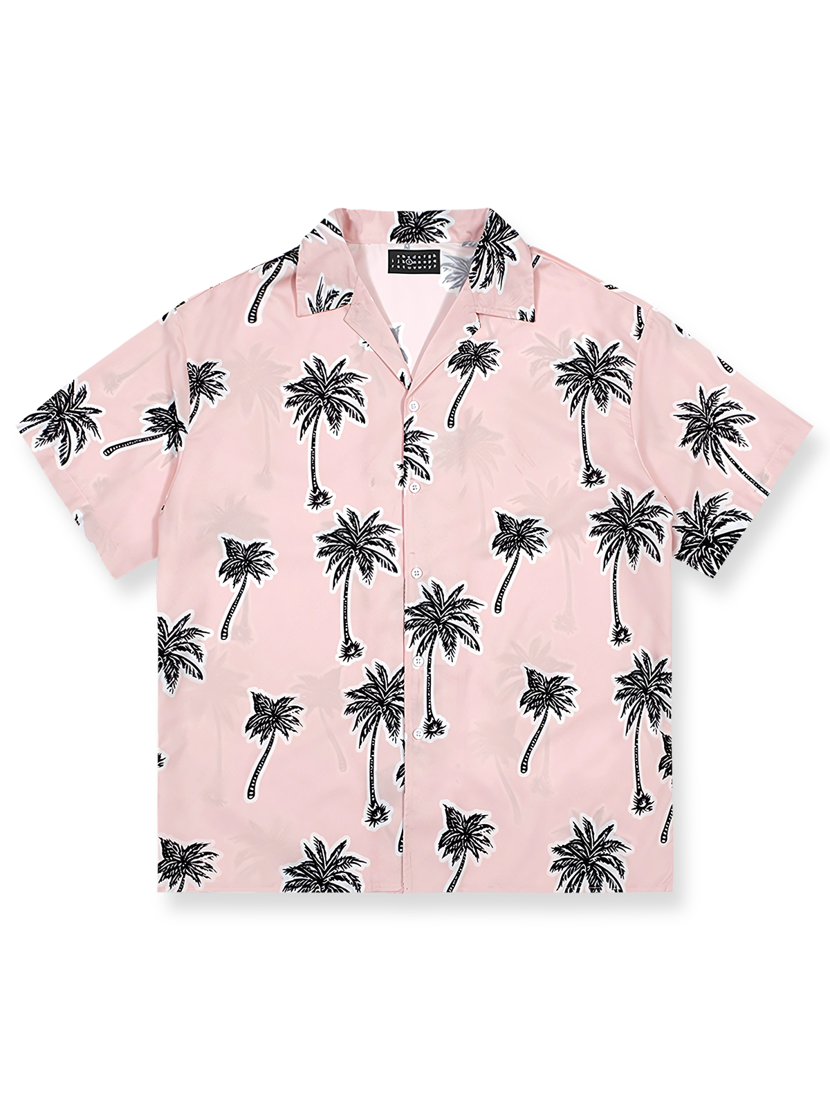 ヤシの木柄プリントのピンク半袖シャツの前面が見える商品画像