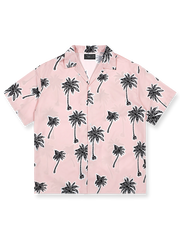 ヤシの木柄プリントのピンク半袖シャツの前面が見える商品画像