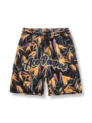 トロピカルなハワイアンプリントが施されたスポーツショーツの前面が見える商品画像