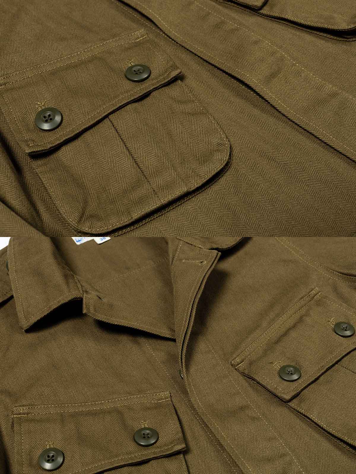 製品画像: ベトナム戦争時代を再現したクラシックリバイバルHBTヘリンボーンジャケット正面画像、重厚なコットン素材
詳細画像: グートマン包芯糸とリバイバル版アルミジッパーを採用したヘリンボーンジャケットのディテール