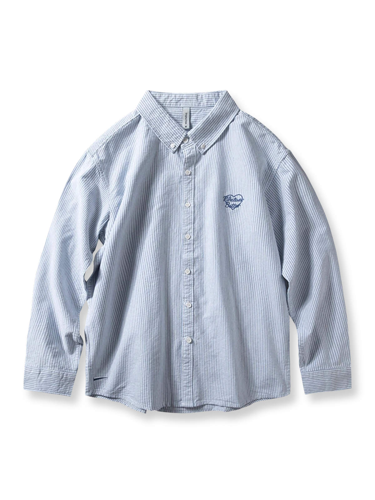 胸元にハート刺繍をあしらったストライプ柄オックスフォードシャツ