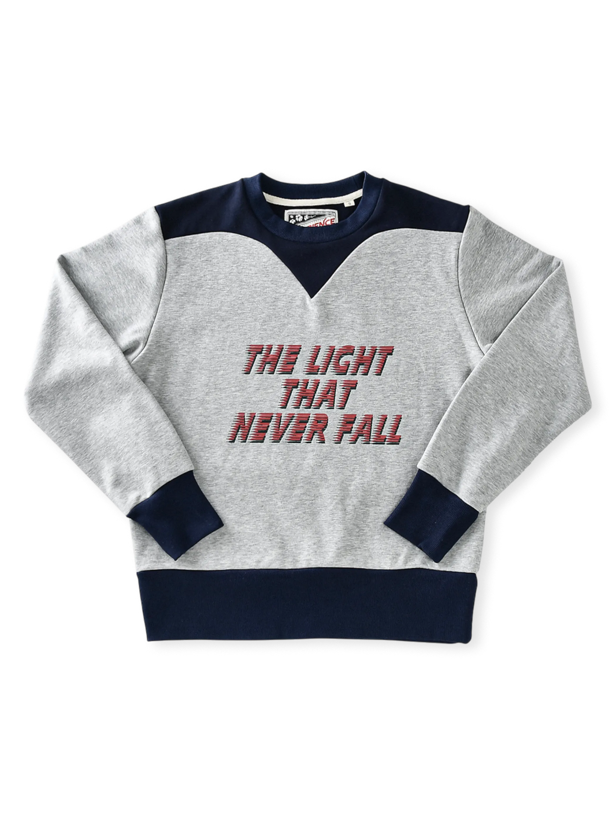 70年代アメリカンキャンパススポーツ風の毛羽取り加工カラーブロックスウェット。耐久性のあるリブ裾付き。