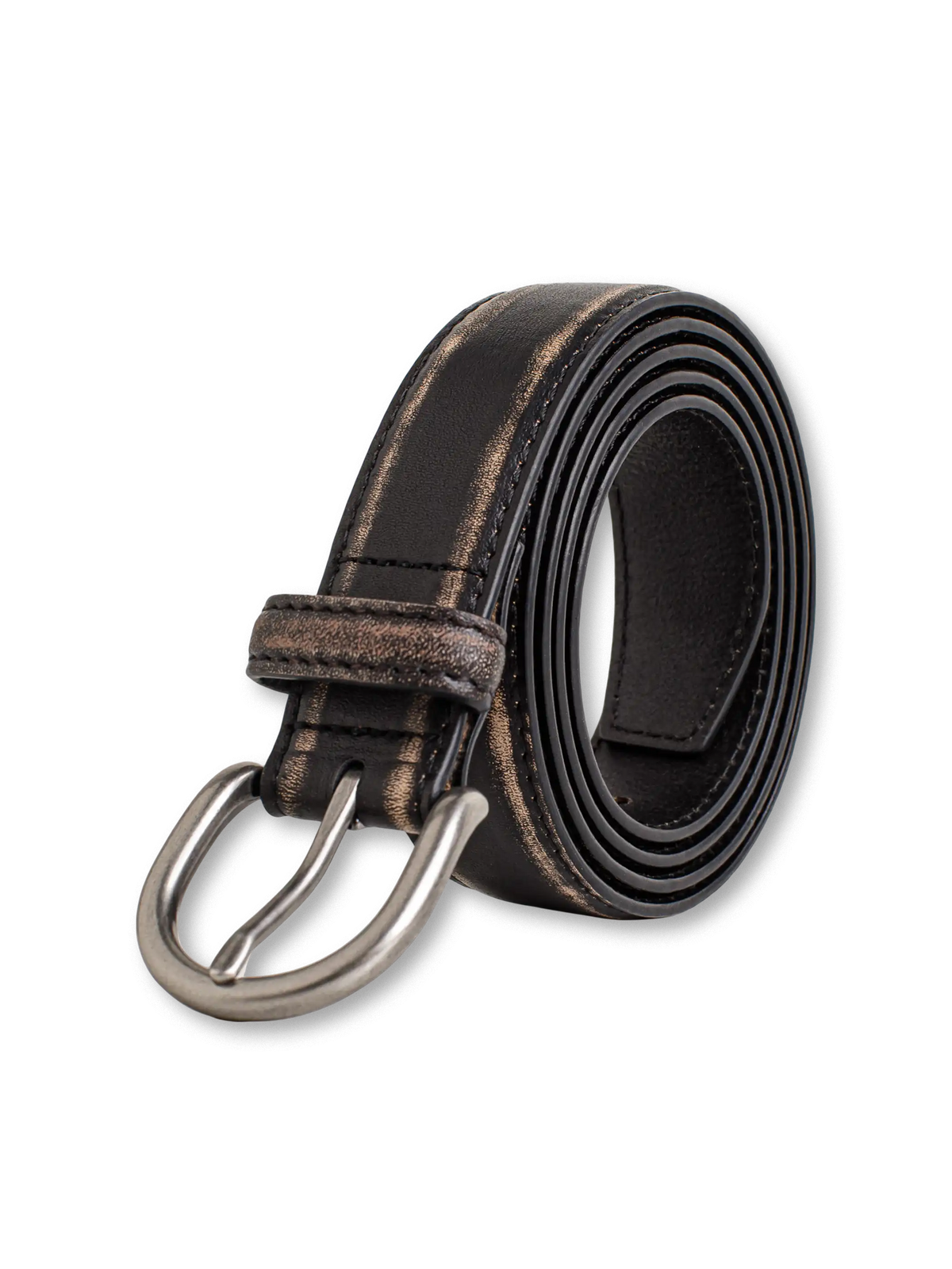 ヴィンテージ風擦色加工が特徴の頭層牛革ベルト、重厚亜鉛合金バックルと雷鳥刻印入り布袋付き