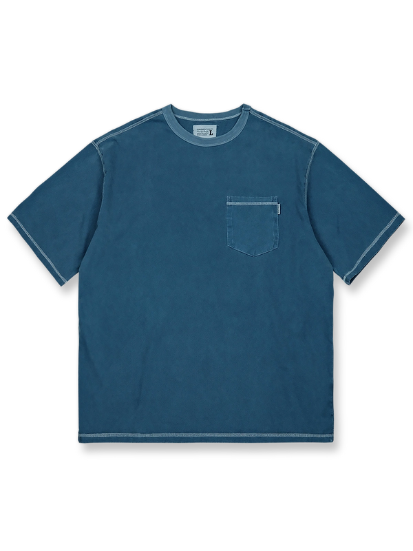 ガーメントダイと酵素ウォッシュ加工が施されたポケット付きヘビーウェイトコットン半袖Tシャツ