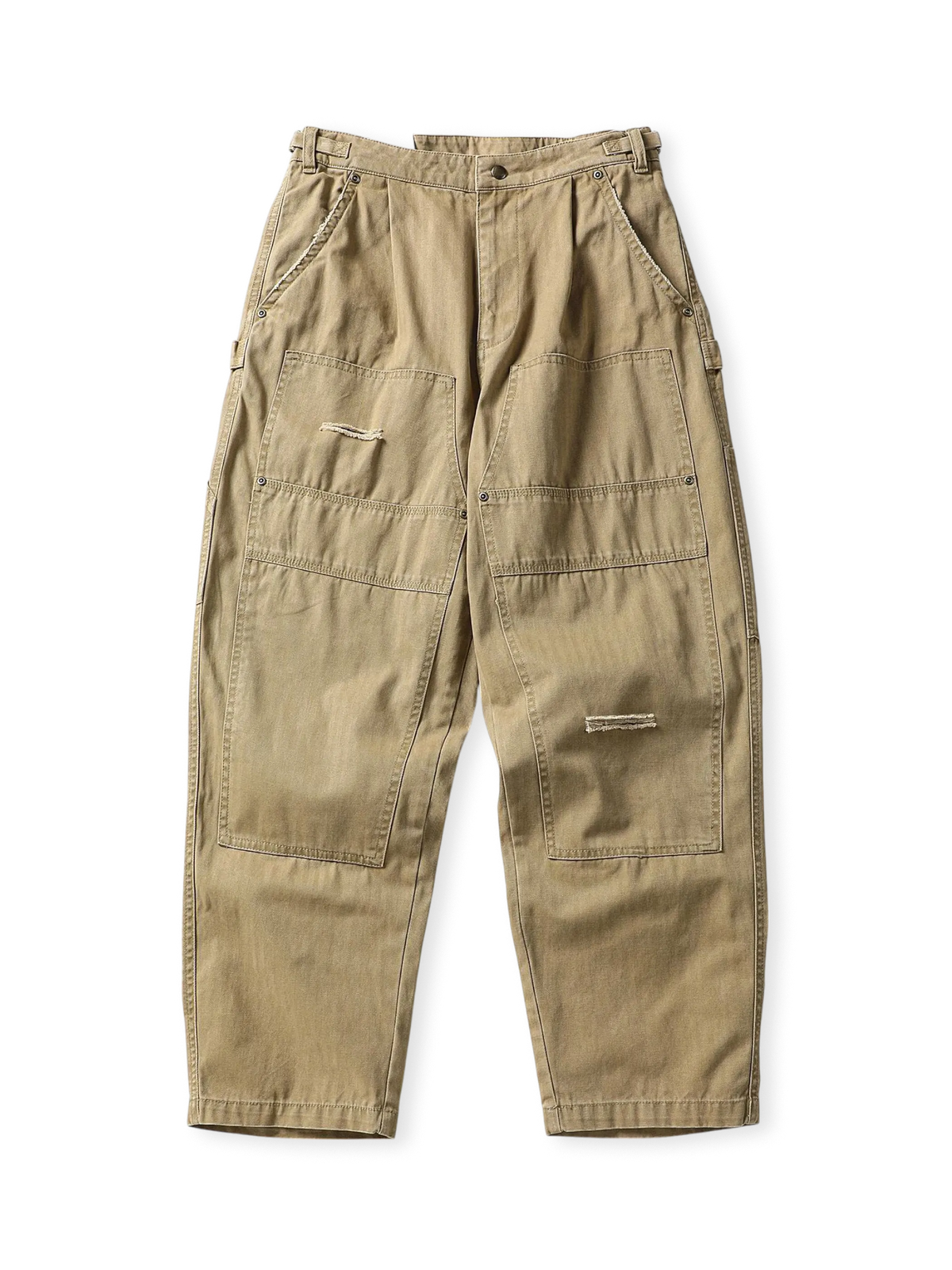 20世紀初頭アメリカ伐採作業員向けルーズカットで補強加工付きのワークパンツ。