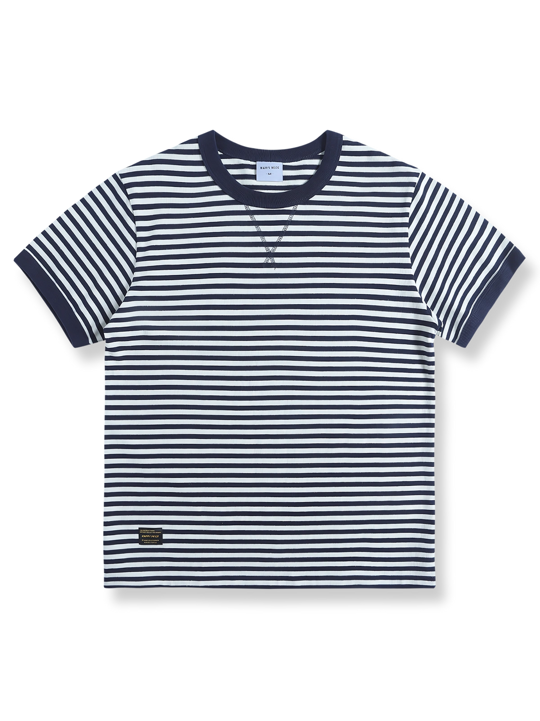 ブルー＆ホワイトのストライプが施されたセーラーデザインの半袖Tシャツ