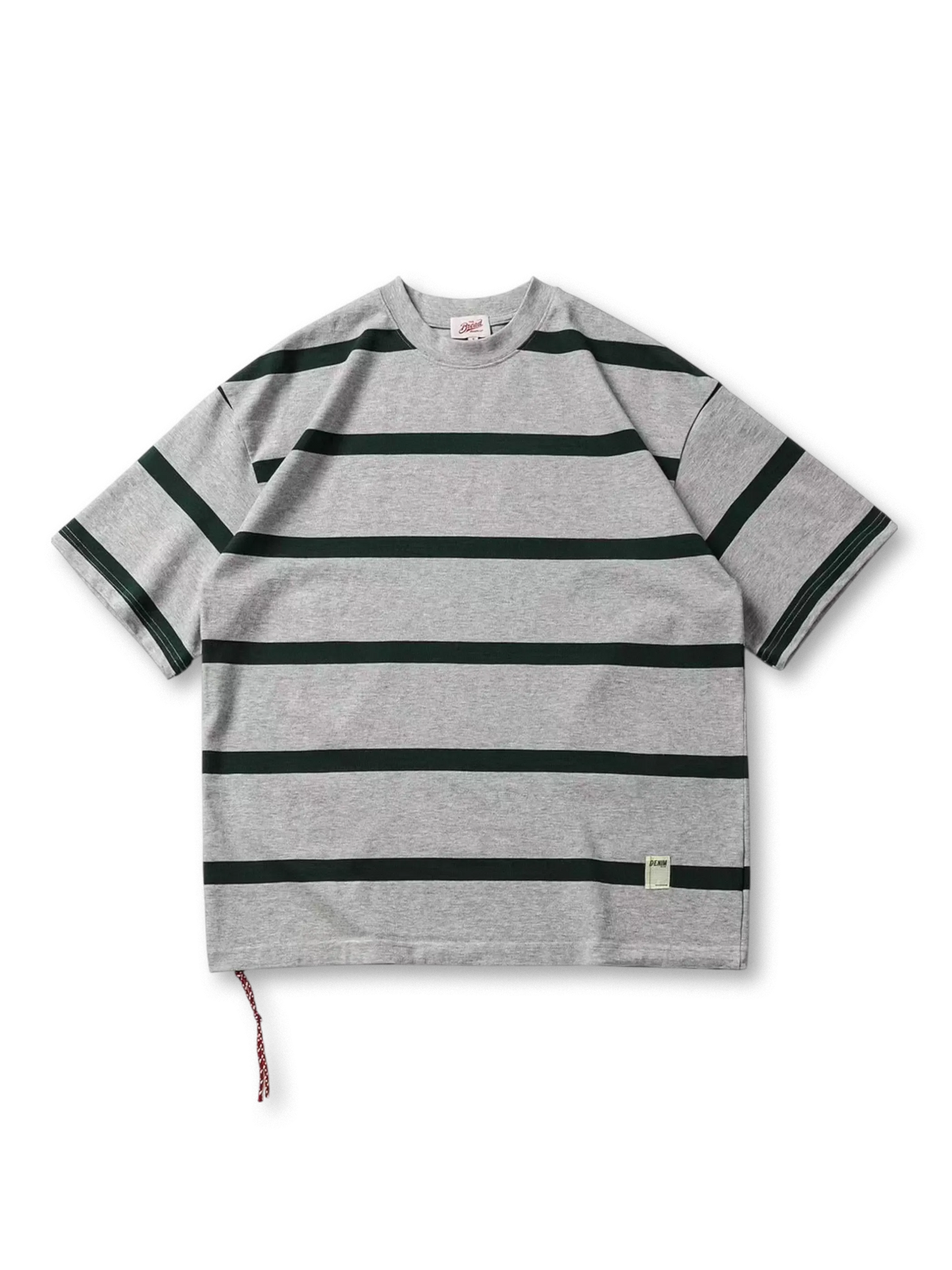 太ピッチボーダーとパッチポケットが特徴の厚手純綿天竺Tシャツ、耐久性の高い螺旋リブクルーネック