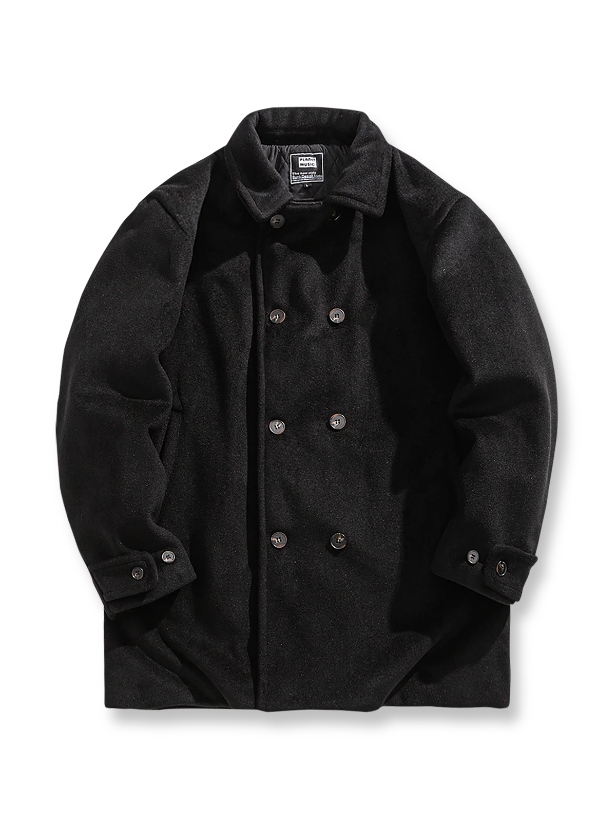 ダブルブレストデザインが特徴の厚手ウールコート。