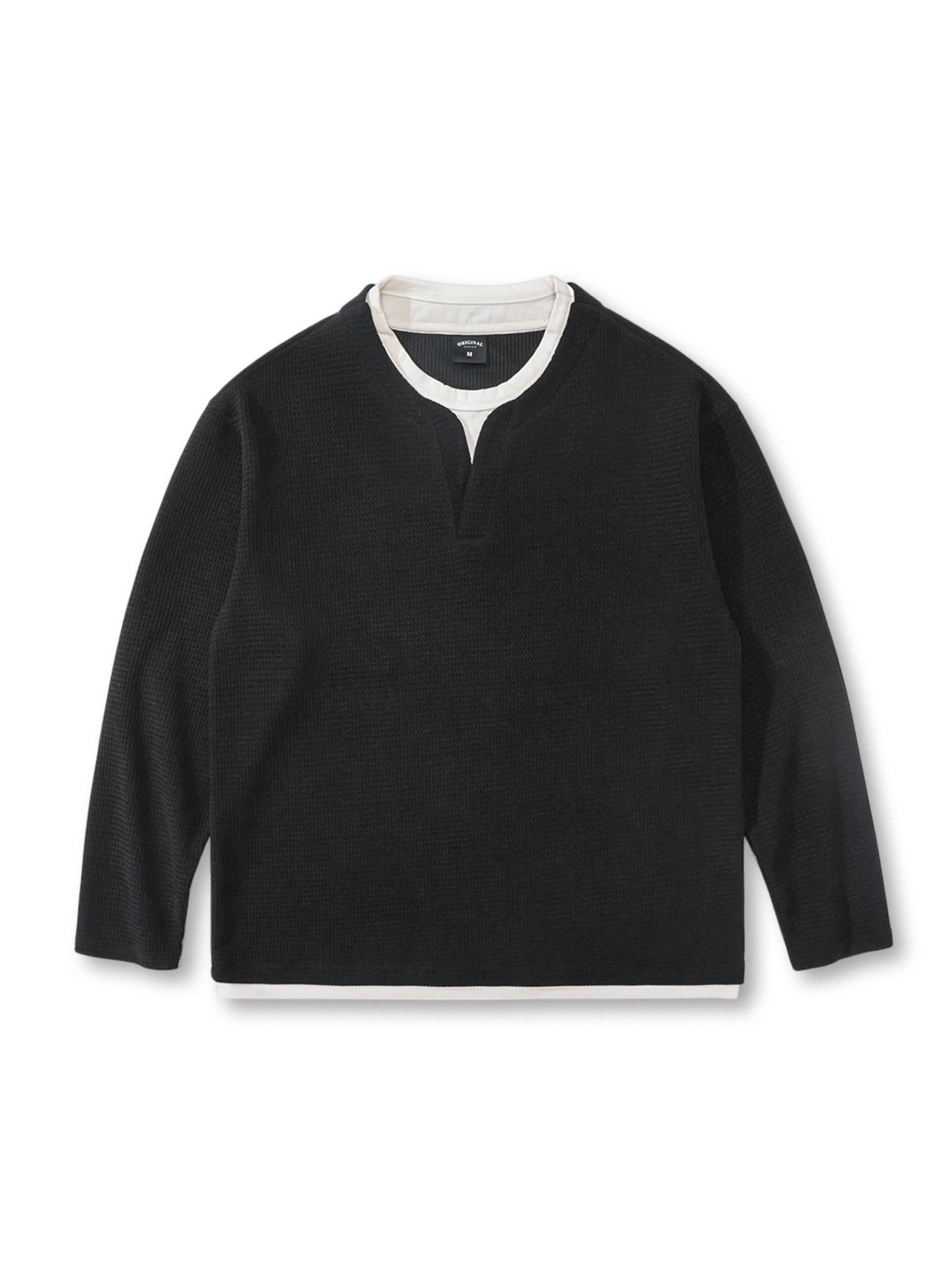 伝統的ヘンリーシャツ風、400g欧米綿起毛ワッフル生地のフェイクレイヤード長袖Tシャツ