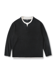 伝統的ヘンリーシャツ風、400g欧米綿起毛ワッフル生地のフェイクレイヤード長袖Tシャツ