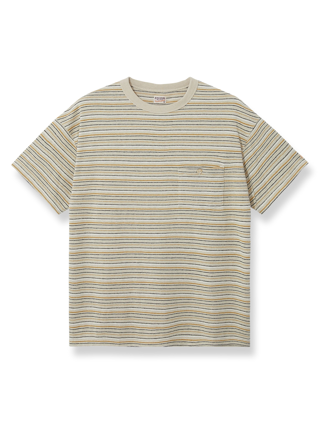 ヘンプ混紡リネン×オーガニックコットンのストライプ胸ポケットTシャツ。