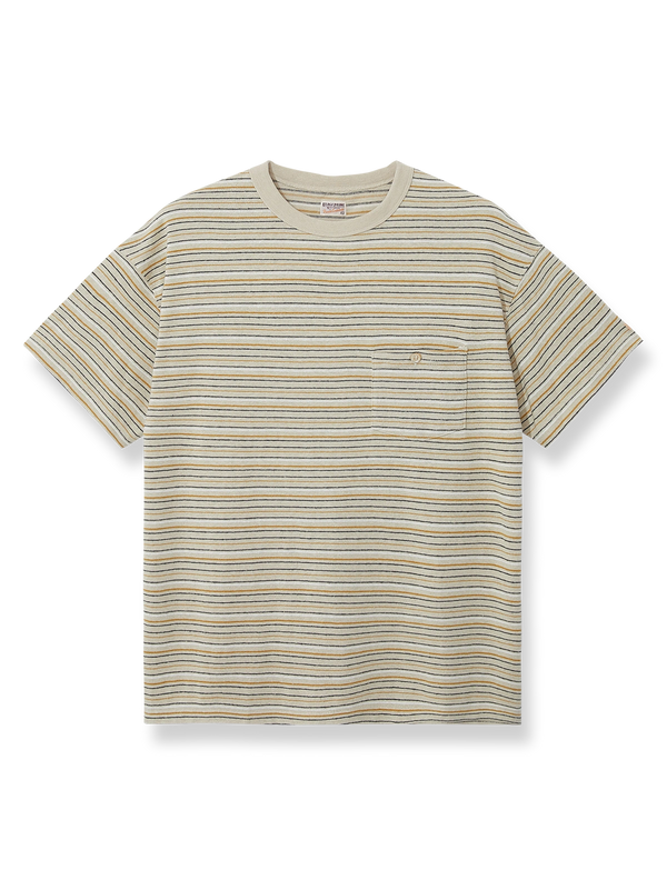ヘンプ混紡リネン×オーガニックコットンのストライプ胸ポケットTシャツ。
