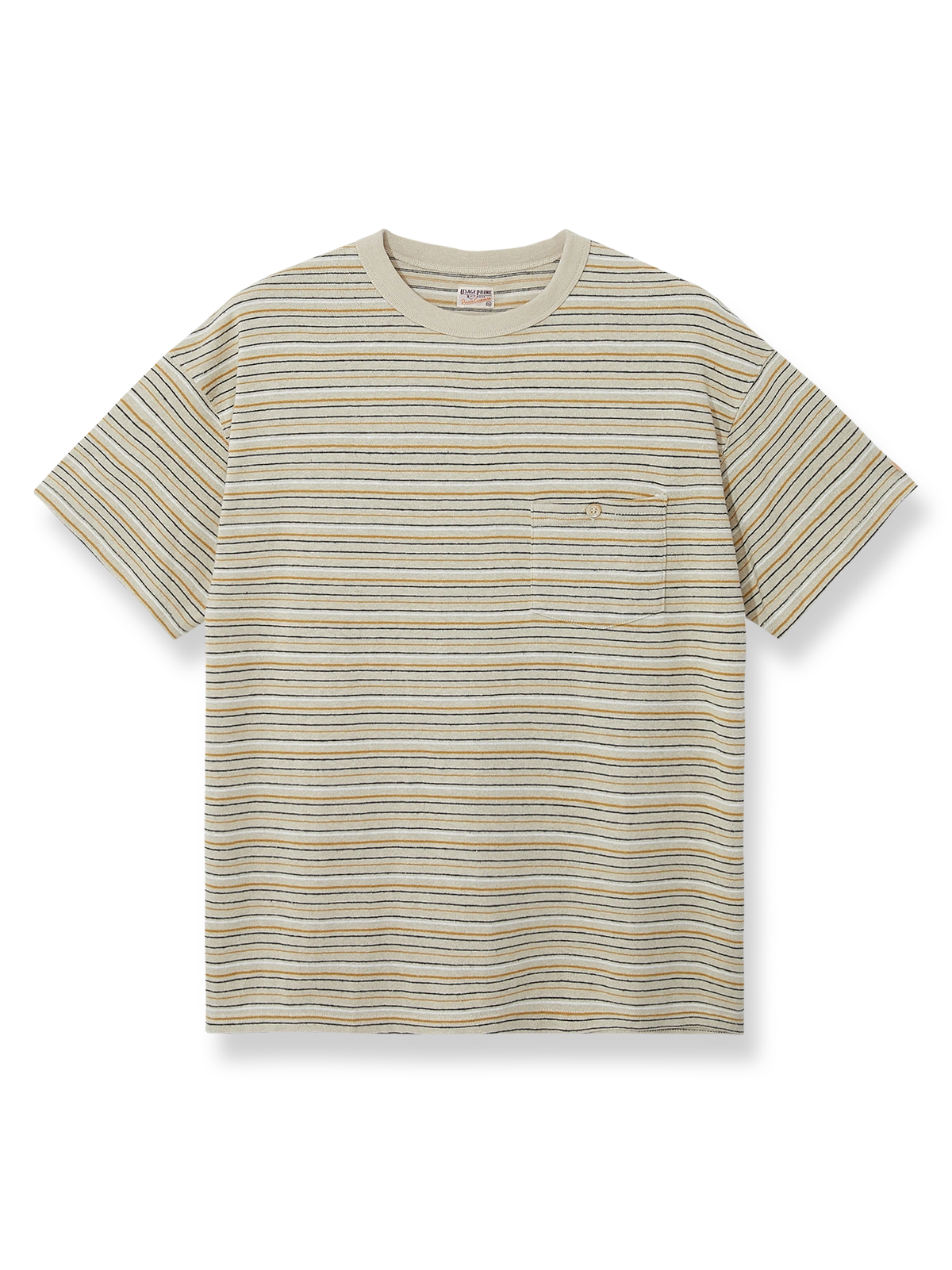 ヘンプ混紡リネン×オーガニックコットンのストライプ胸ポケットTシャツ。