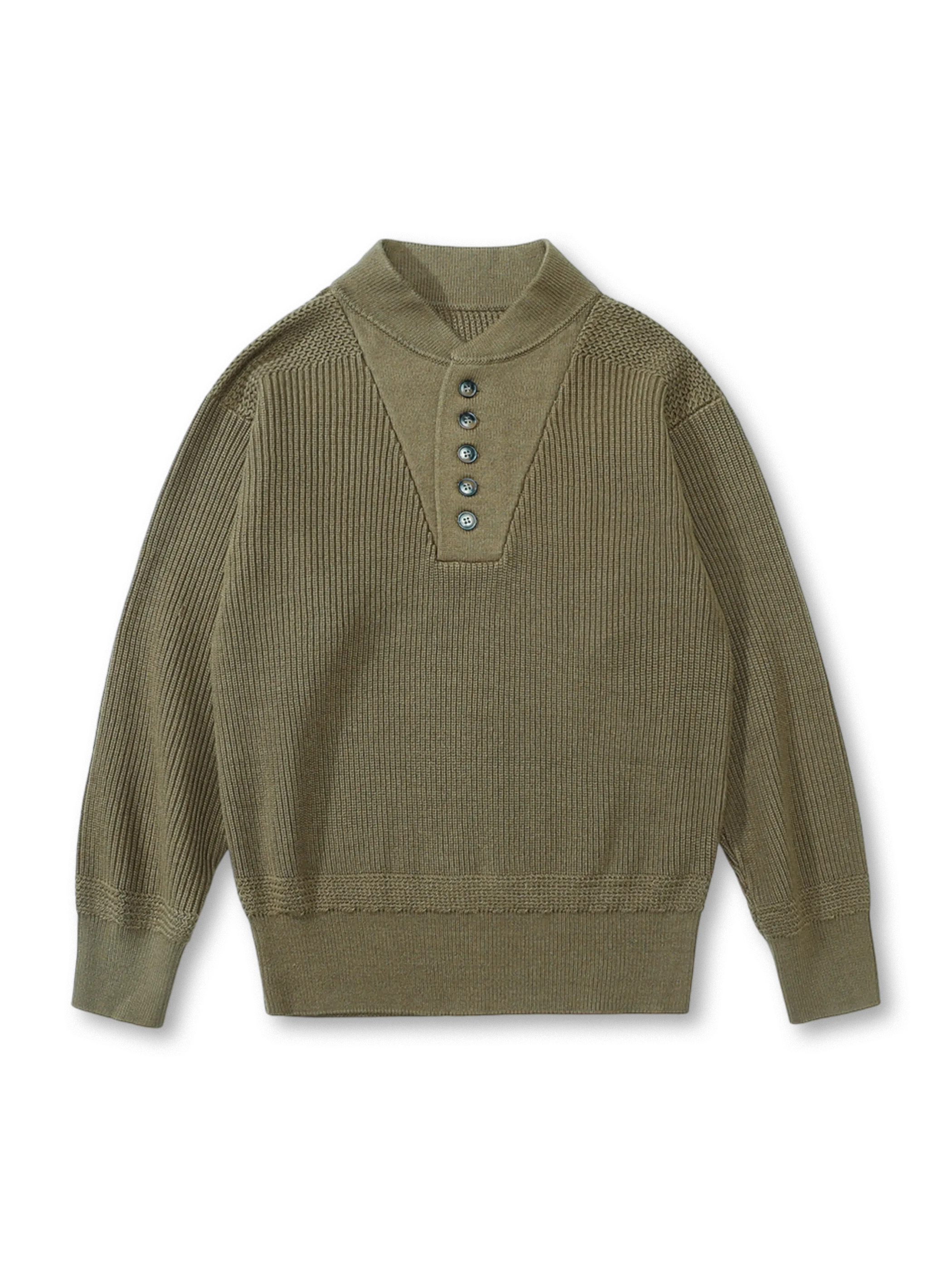 アメリカンレトロなヘンリーネックとハイカラーの厚手綿アクリル混紡セーター。