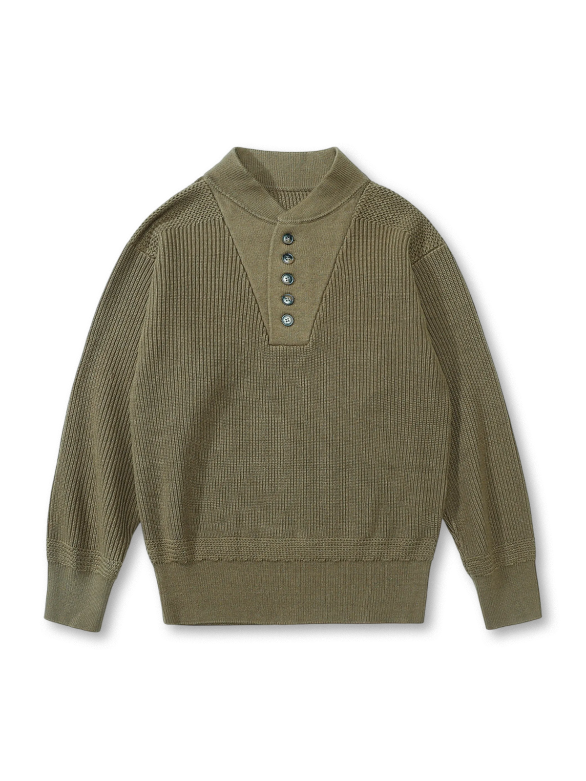 アメリカンレトロなヘンリーネックとハイカラーの厚手綿アクリル混紡セーター。