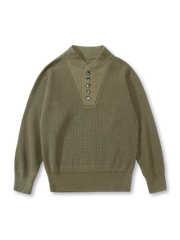 アメリカンレトロなヘンリーネックとハイカラーの厚手綿アクリル混紡セーター。