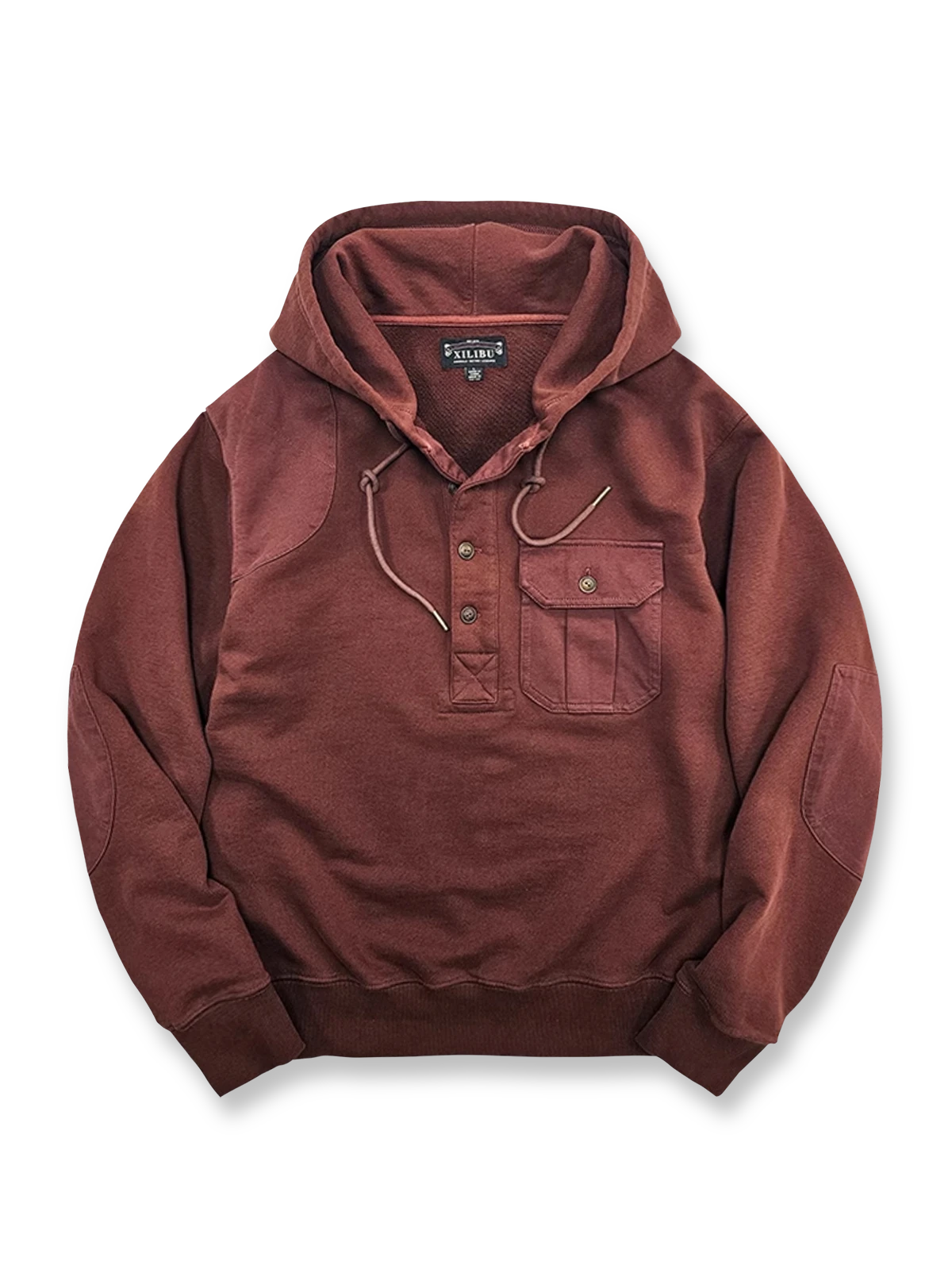 オールコットン裏毛素材のヘンリーネックパーカー。天然本角ボタンと多機能ポケット付き。