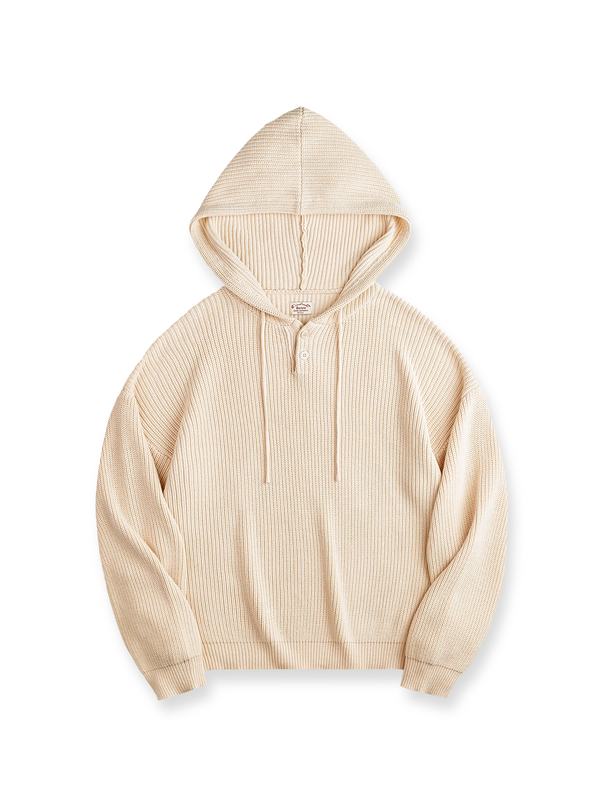 縦じま模様とヘンリーネックが特徴のニットパーカー（フード付き）