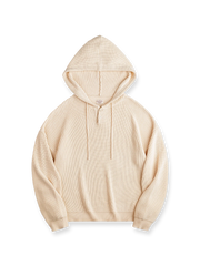 縦じま模様とヘンリーネックが特徴のニットパーカー（フード付き）