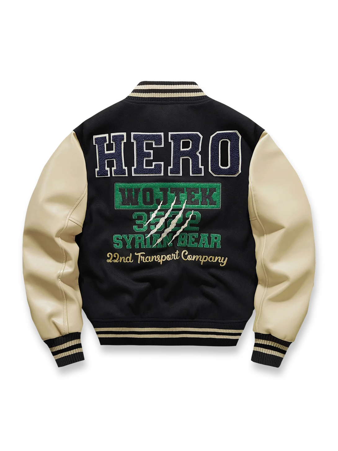 Wojtek兵士の「HERO」「SYRIAN BEAR」刺繍が印象的な空軍ベースボールジャケット。