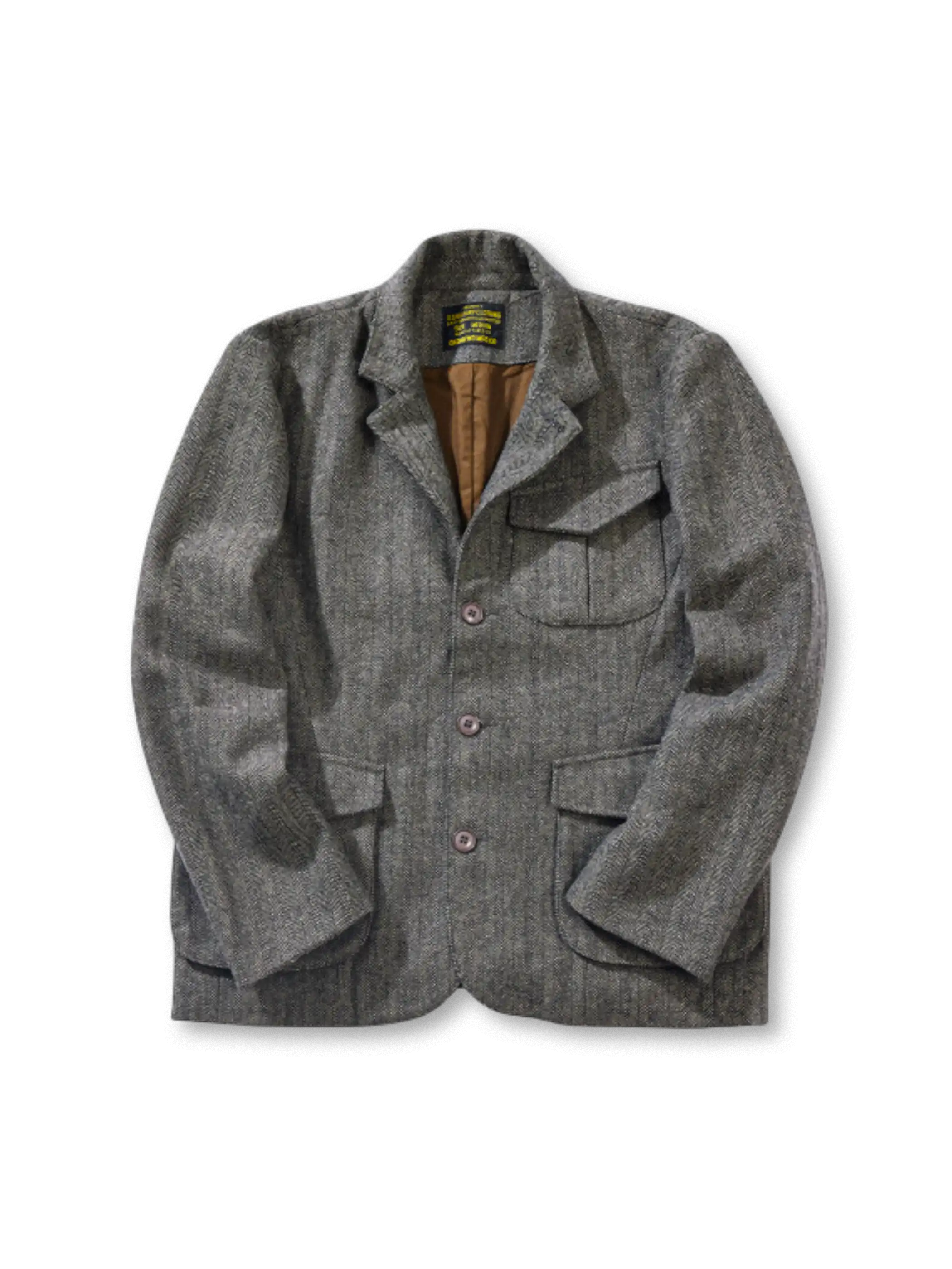 ヘリンボーンのウール混テーラードジャケット、フロントボタン、胸と腰に立体ポケット、コットン裏地と内ポケット、立ち襟対応の風紀ボタン付き