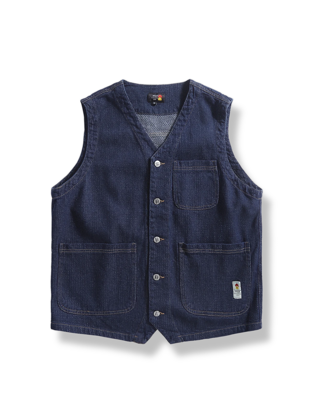 ヘリンボーン柄デニムワークベスト（ヴィンテージ感ある織りとパッチポケット）