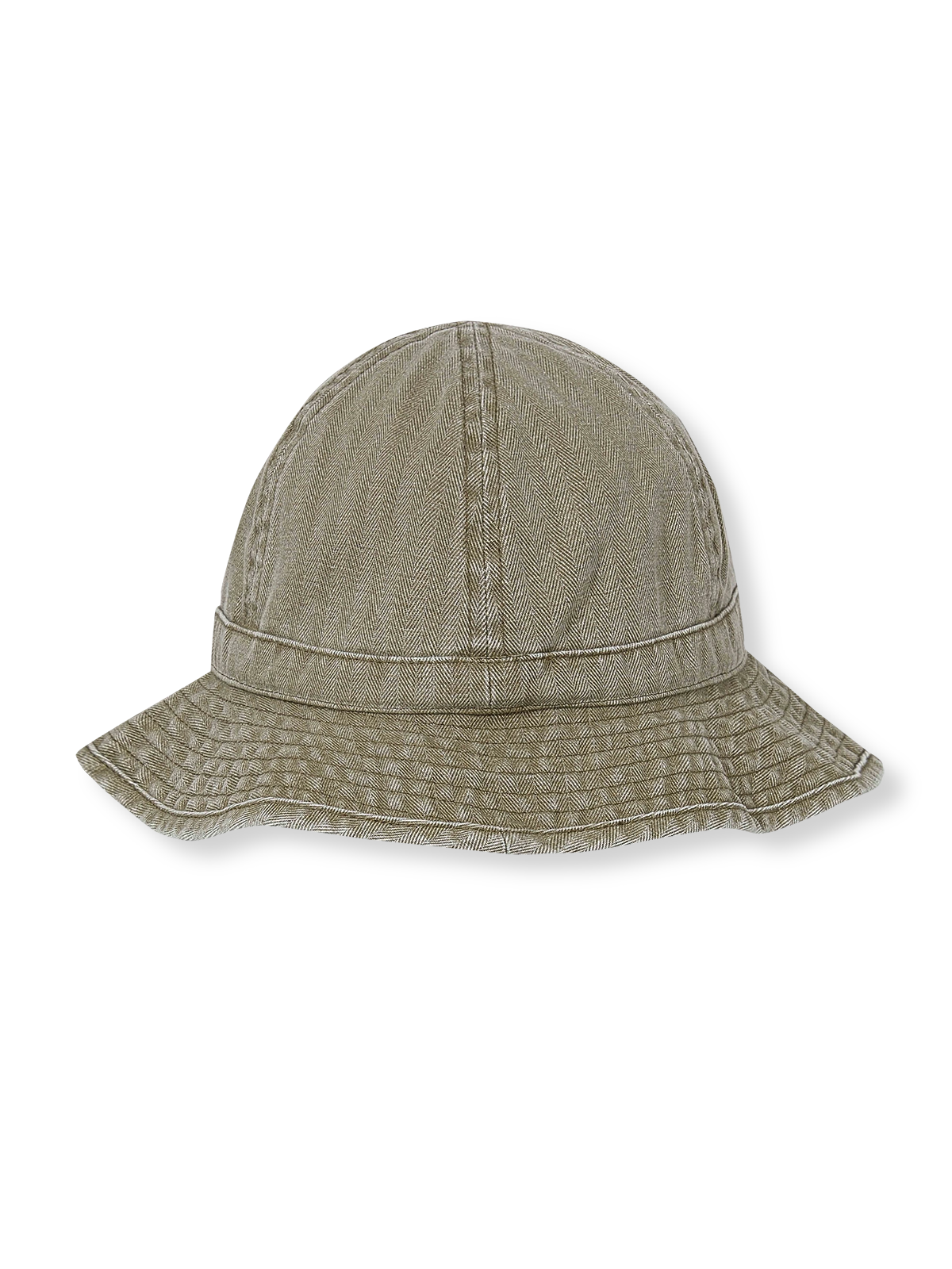 ヘリンボーンコットンの質感とストーンウォッシュ加工が特徴のクラシックミリタリーデザインジャングルバケットハット。