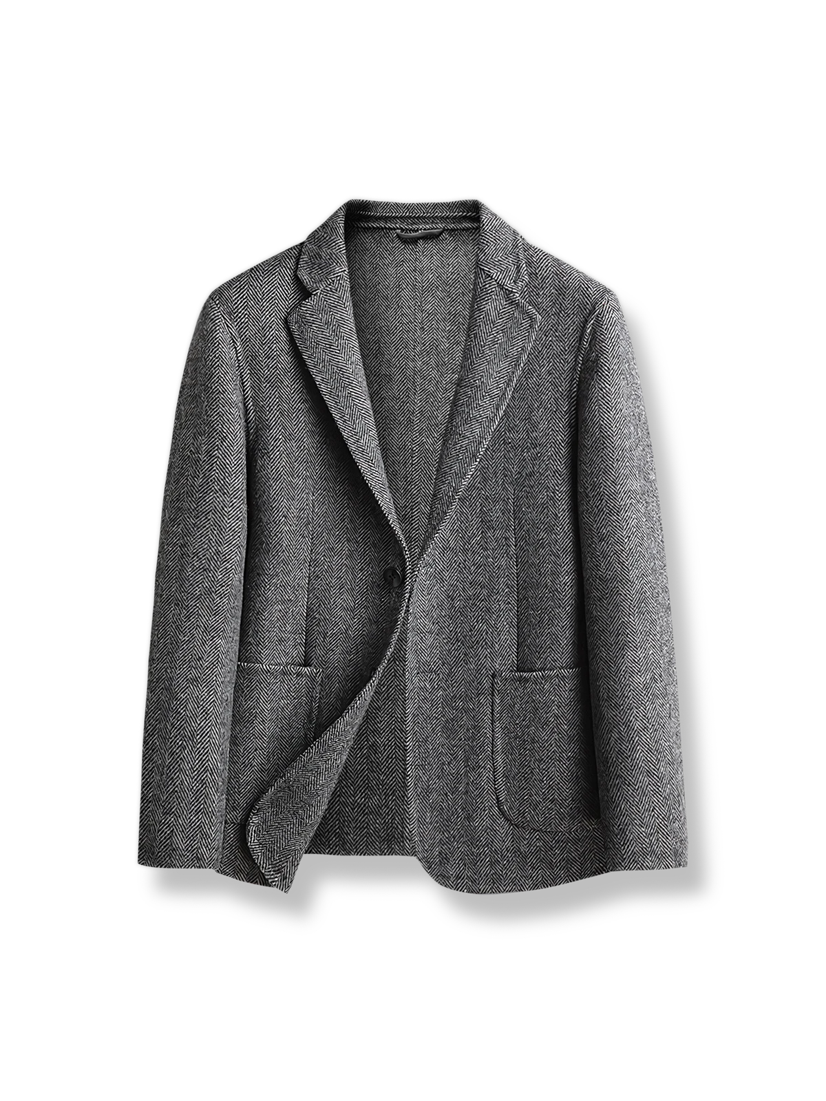 ヘリンボーン柄のウール混紡生地を使用したスリムフィットテーラードジャケット。