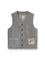 インディゴとホワイトの縦ストライプが映える鉄道ワークベスト