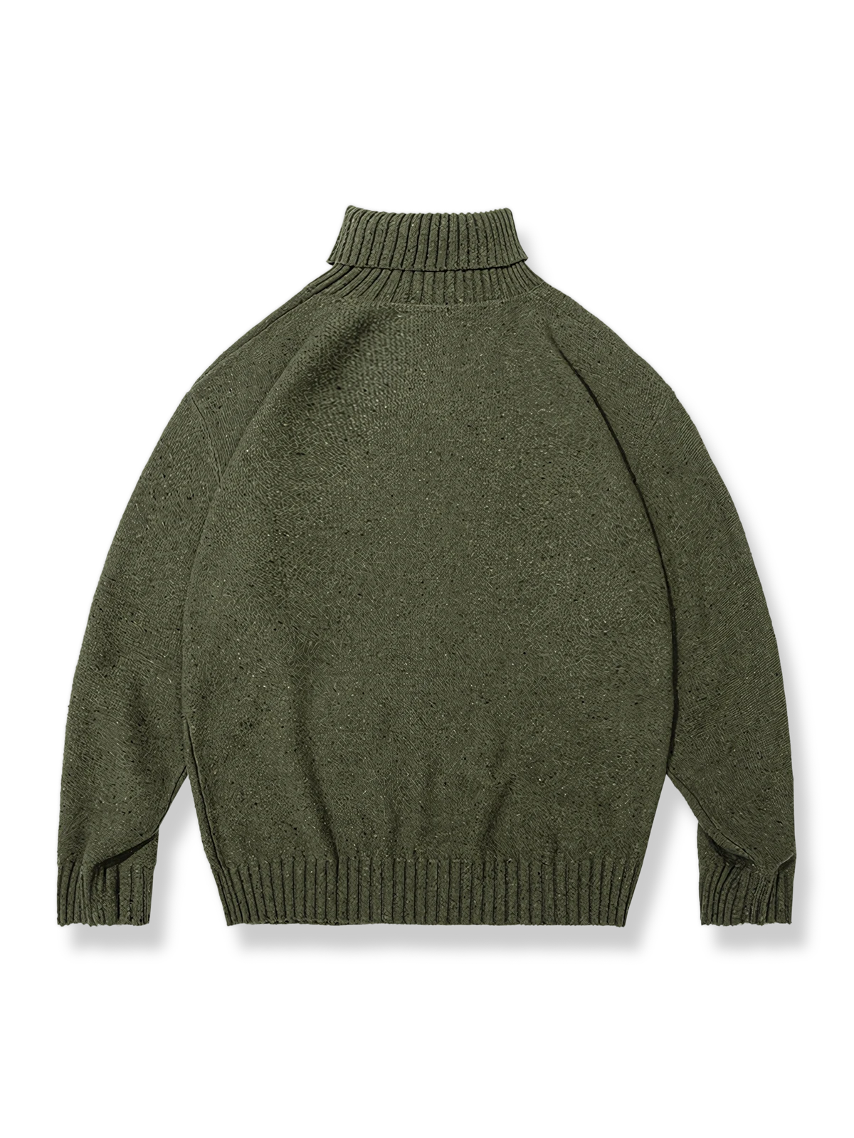 ミリタリーグリーンの高襟ウール混紡セーター