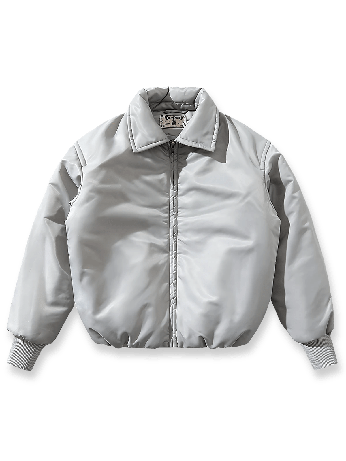 メタリックマットな光沢と1600g中綿を備えた高密度ナイロンフライトジャケット。