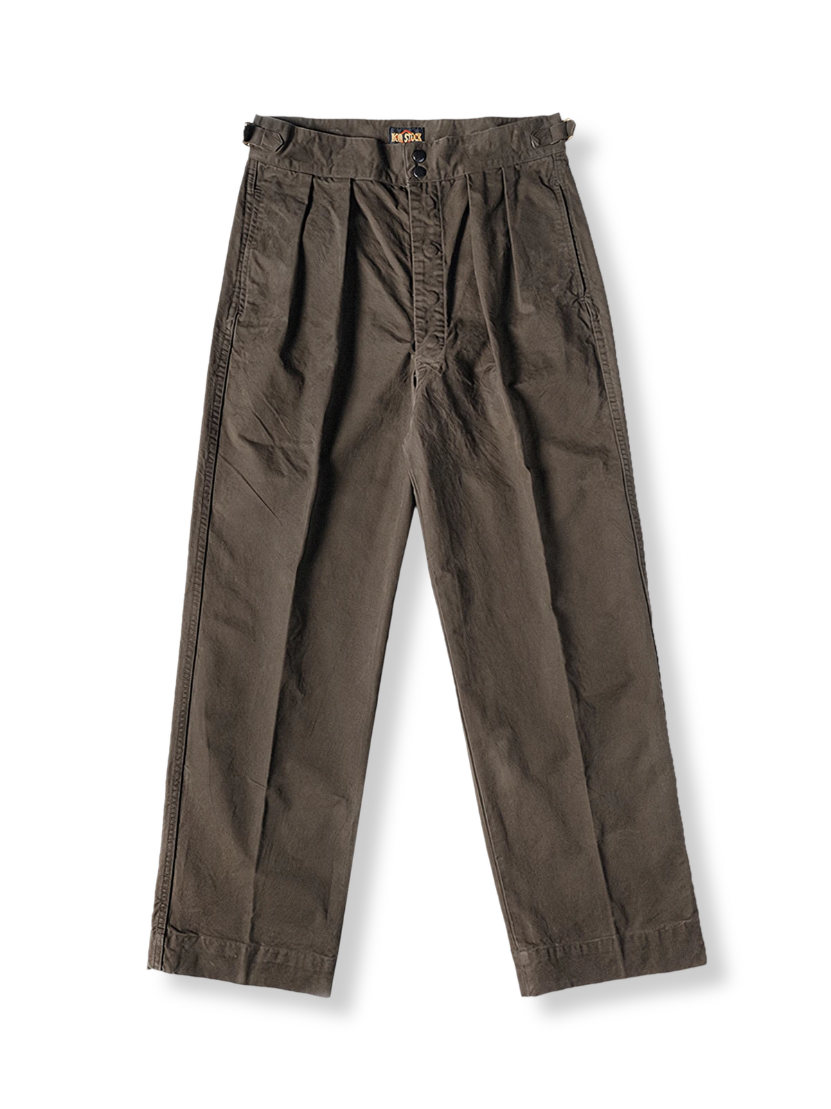 ハイウエストのコットン製ヴィンテージカーゴパンツ、調節タブと複数ポケット付き。