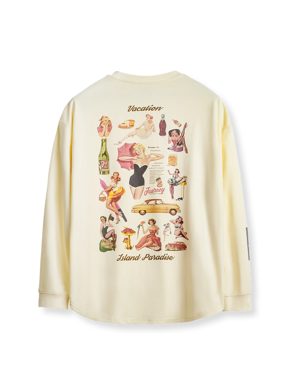 ホリデータイム レトロプリントTシャツの全体正面画像、背面のポスター風プリントとクルーネックのディテール。