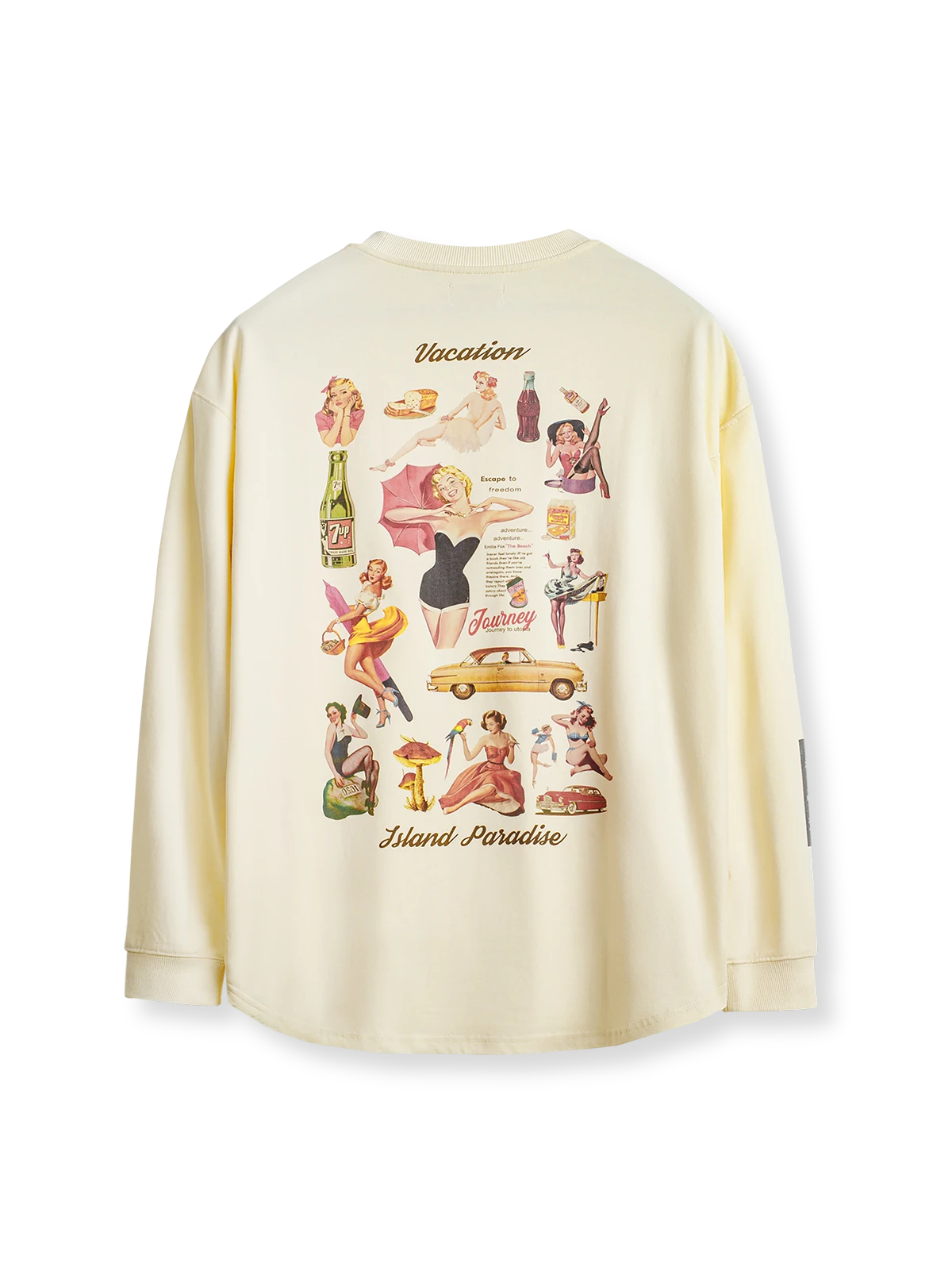 ホリデータイム レトロプリントTシャツの全体正面画像、背面のポスター風プリントとクルーネックのディテール。