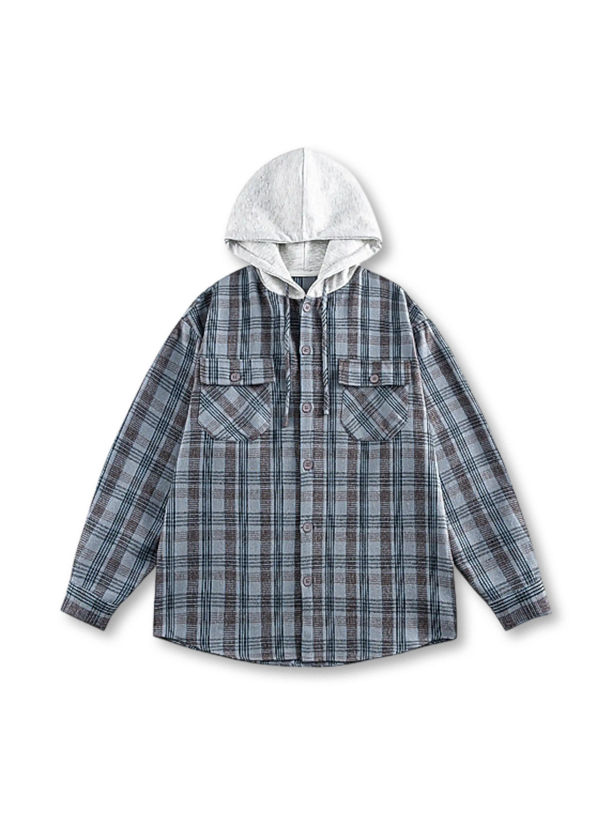 スウェットフードとフラップポケットが特徴のゆったりシルエットチェックシャツ。快適な着心地で多用途に活躍。