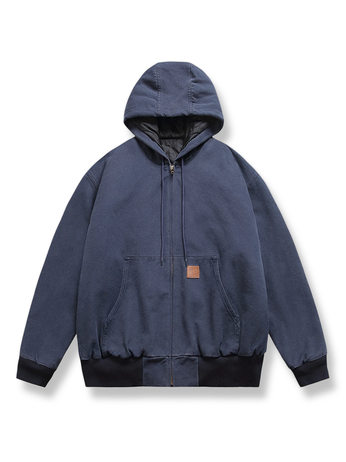 裏地起毛のネイビーブルーデニムスウェットジャケット、フード付き。