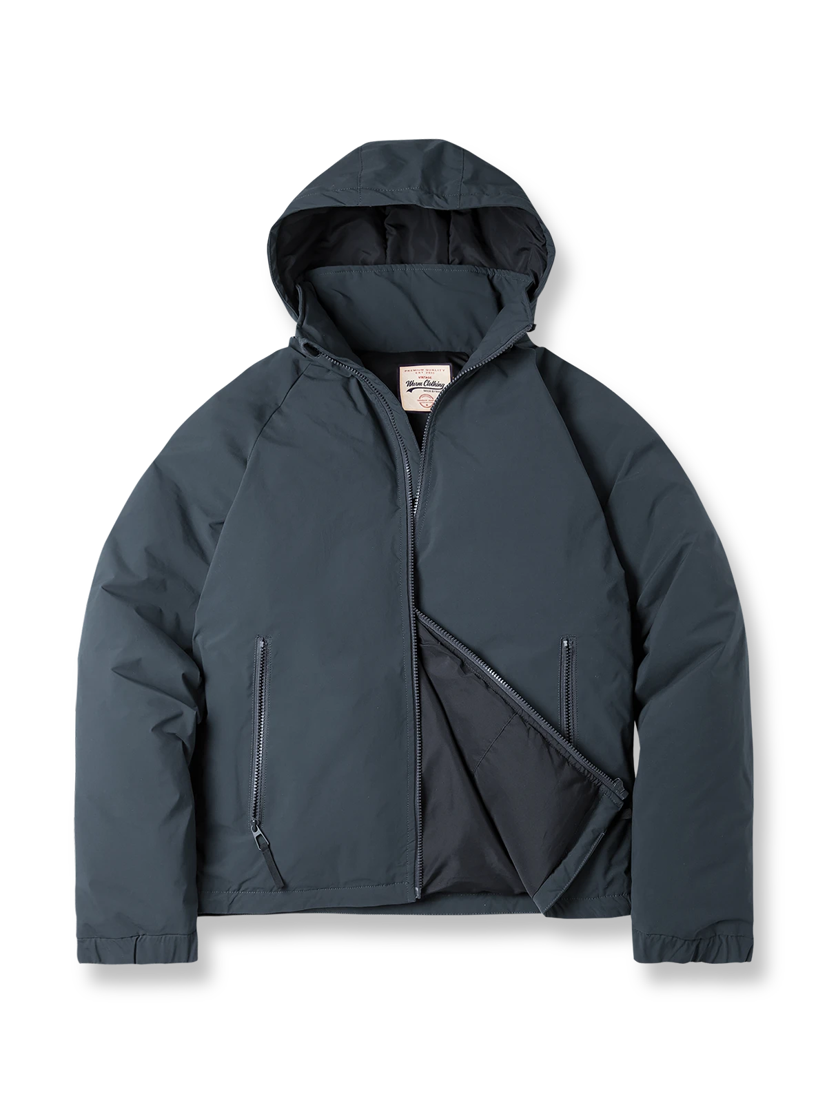 ナイロン生地とホワイトダックダウン使用のフード付きダウンジャケット。防風フードとドローコード付きで保温性抜群。