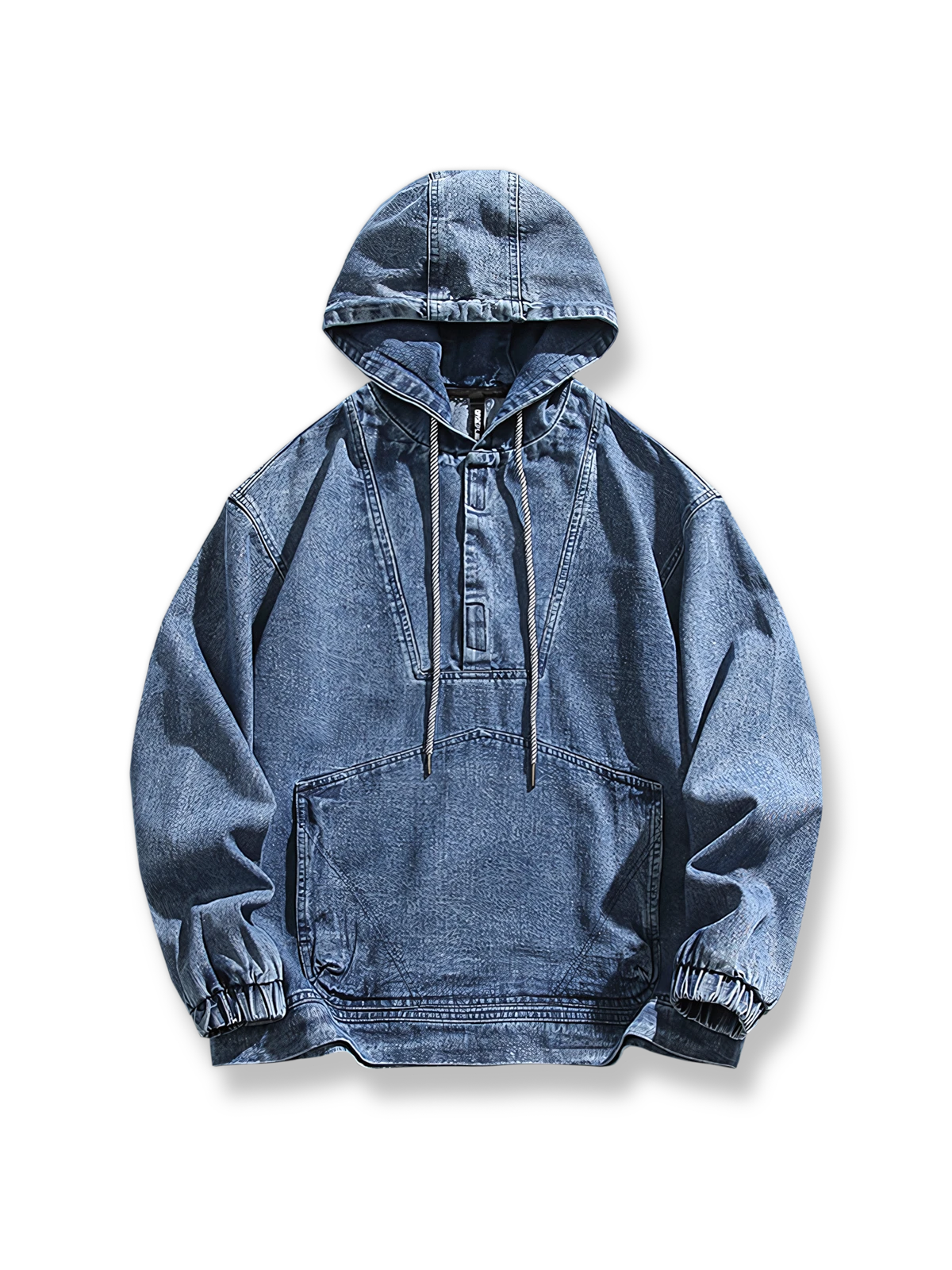 デニム素材の裏地パイル付きフードポケットスウェットジャケット。