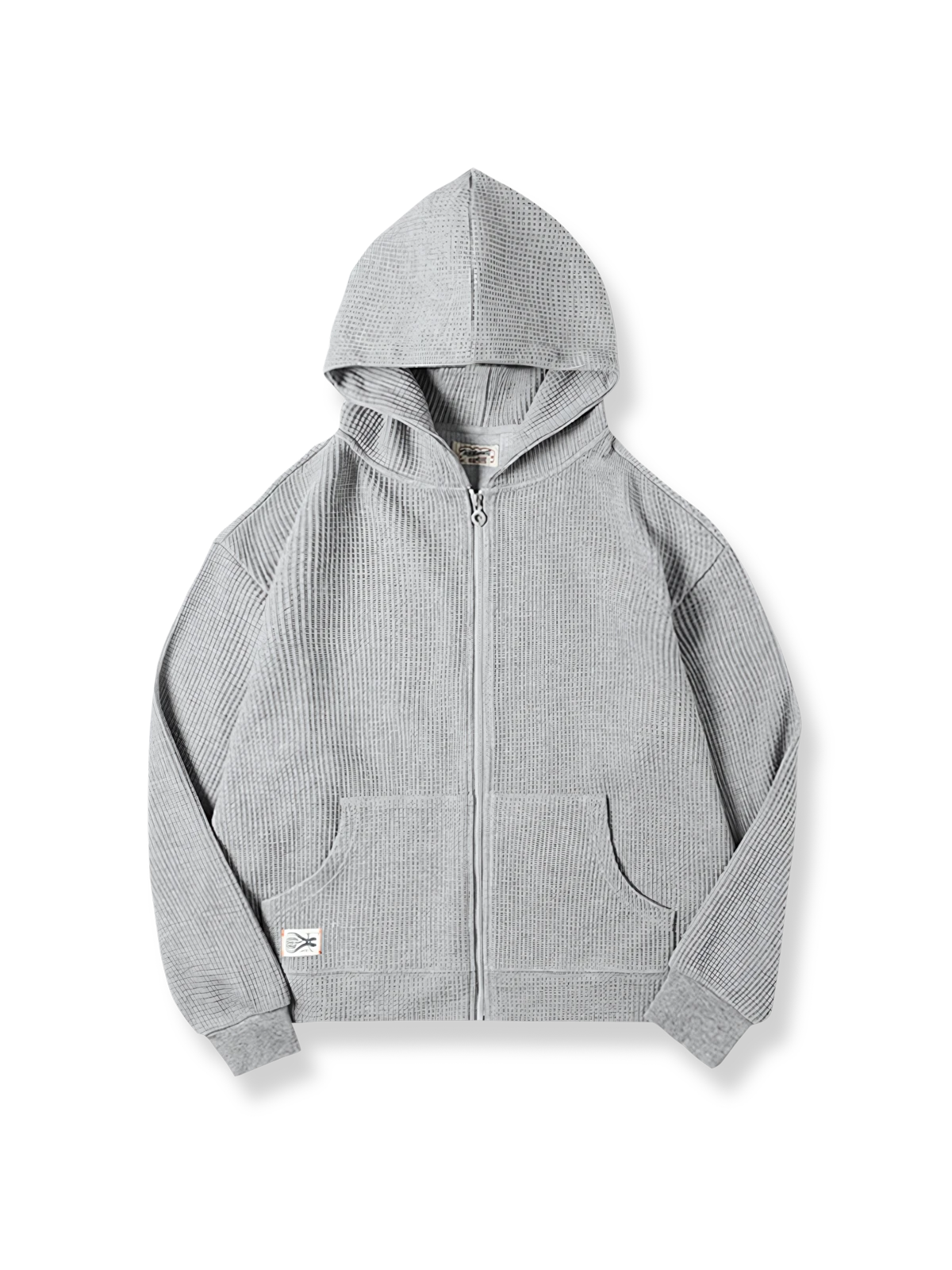 フード付きワッフルパターンのジップアップスウェットシャツ