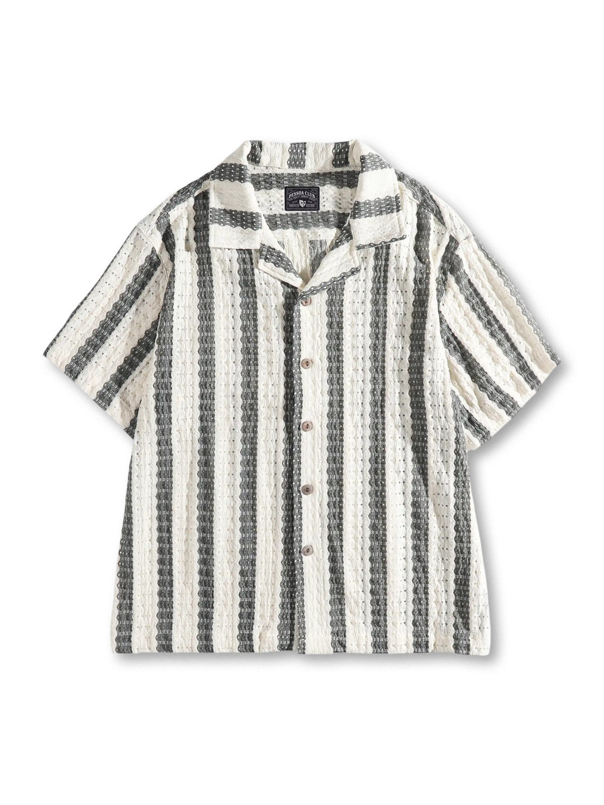 ホワイト×グレーのレース風透かし編みでホリゾンタルストライプを表現したルーズフィットシャツ。春夏のリゾートやデイリーに最適。