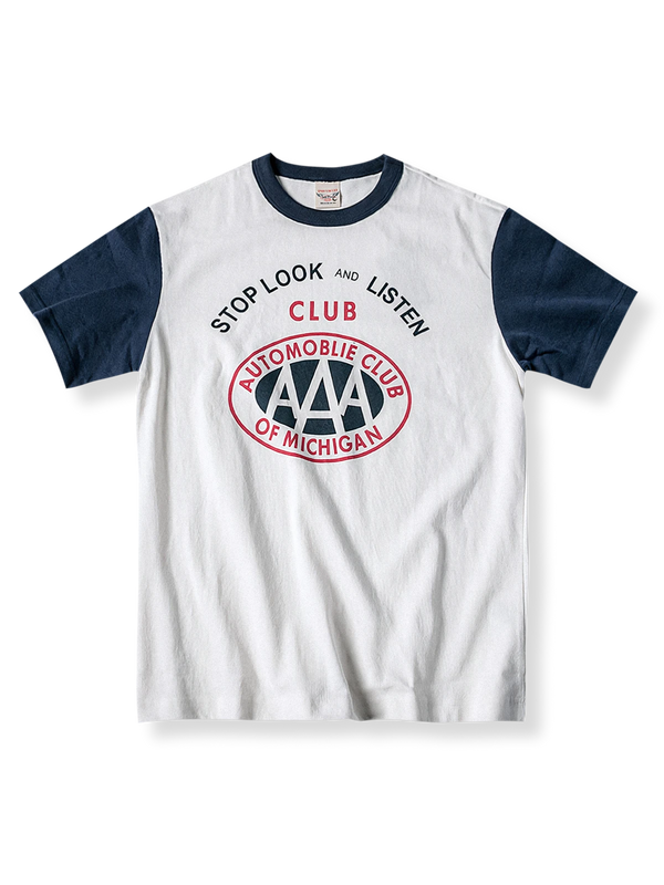 ホットロッド文化を表現したラグランスリーブTシャツ タイプAはAAAクラブ、タイプBはスパークプラグデザイン。