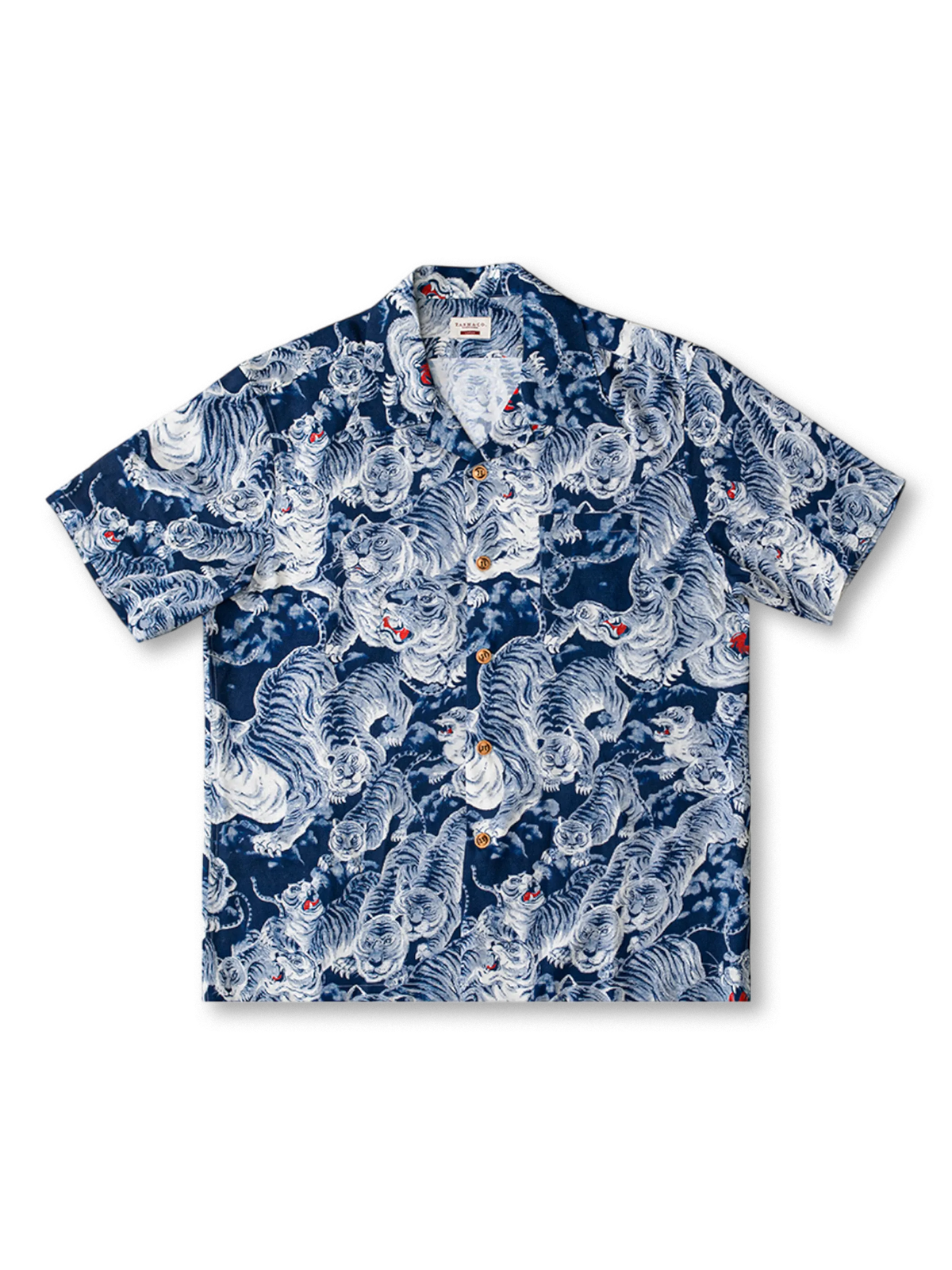 百虎柄キューバカラーアロハシャツ、靛藍と朱赤、ルーズフィット、麻混素材