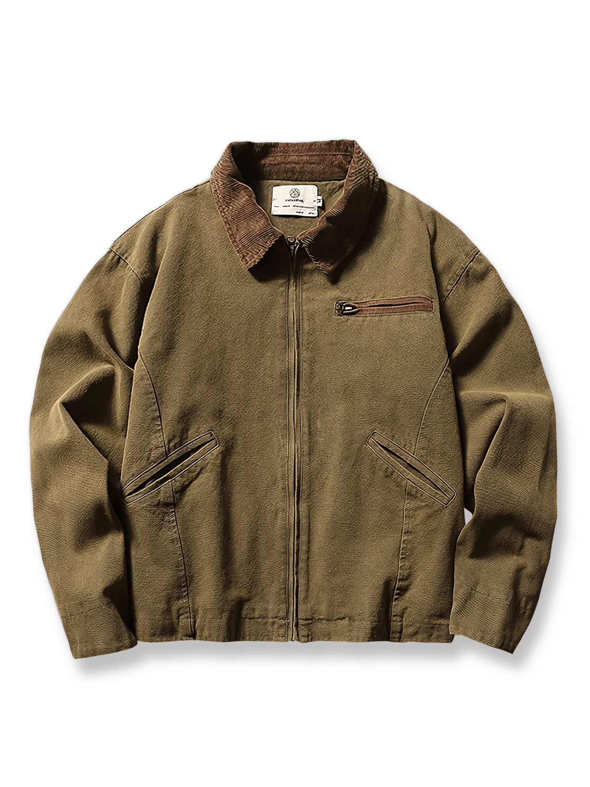 コットンポリエステル混紡素材のハンティングカジュアルジャケット。多機能ポケット、ジッパー開閉、コーデュロイ襟を特徴とするアイテム。