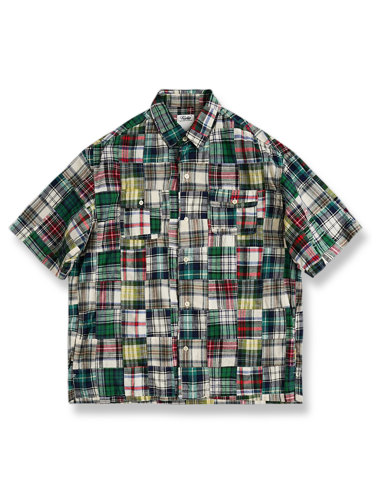 ヒャクヤ布のパッチワークが特徴のリラックスフィット半袖チェックシャツ