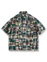 ヒャクヤ布のパッチワークが特徴のリラックスフィット半袖チェックシャツ