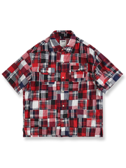 レッド系チェック布を使ったヒャクヤ布風パッチワークのリラックス半袖シャツ