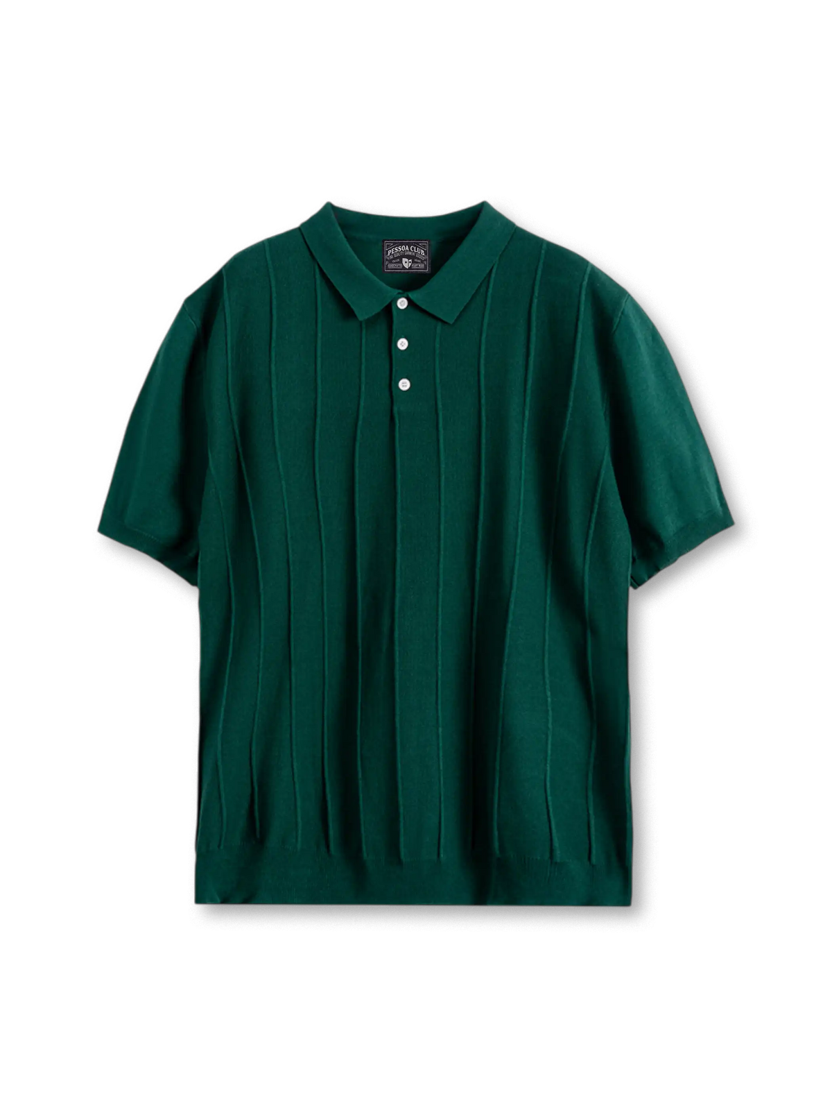 アイスシルクストライプポロの全身ビュー、立体ストライプ編みと排ボタン襟を強調。