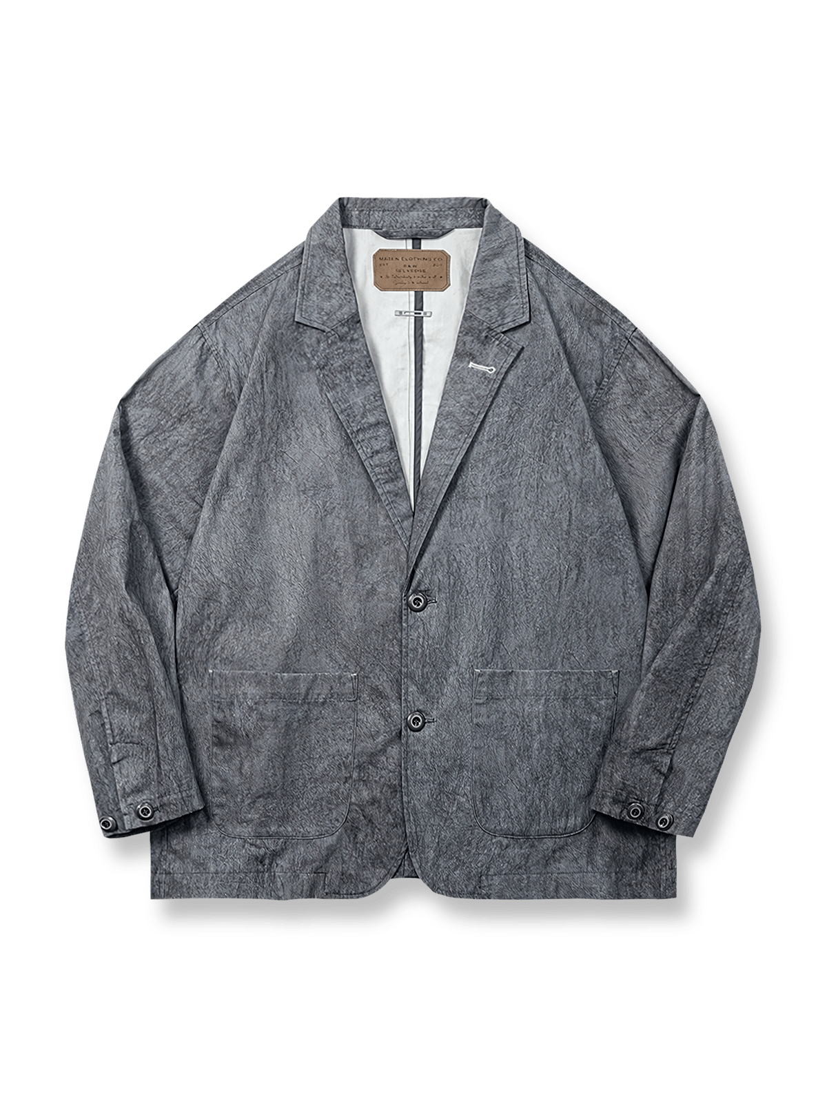 アイスダイ加工と隕石グレーの風合いが特徴のカジュアルスーツジャケット