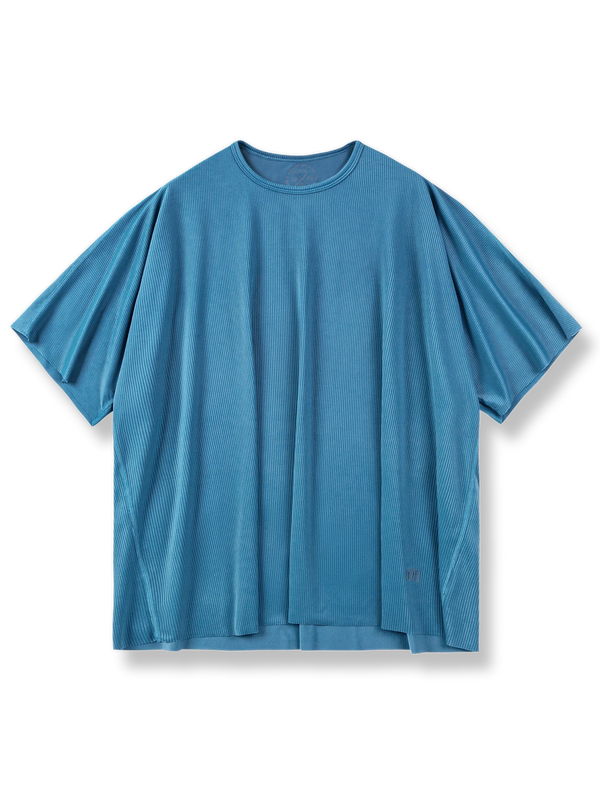 アイスシルクニット素材の縦縞リブ入りオフショルダー半袖Tシャツ